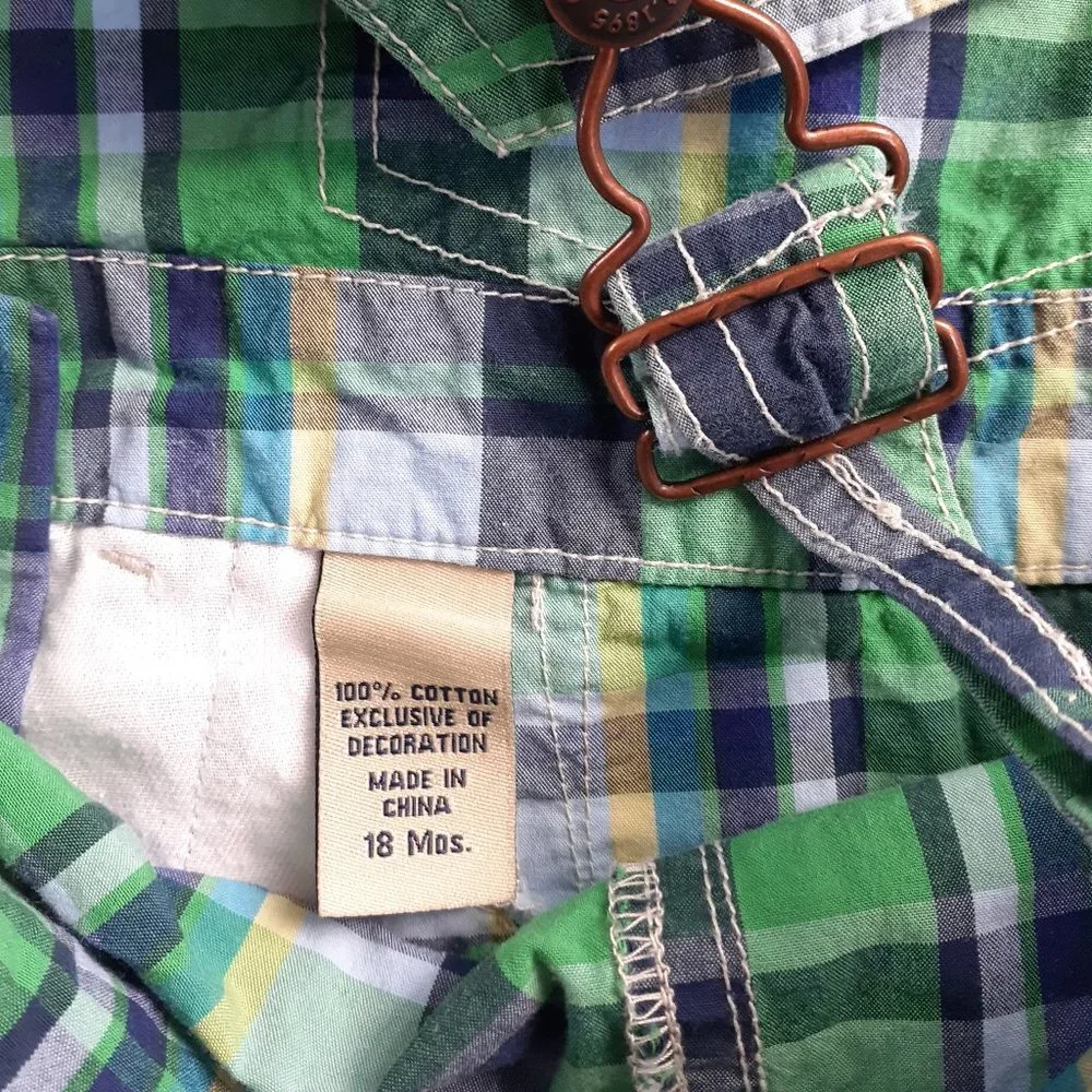 Oshkosh Boys Overall Shorts Green Plaid Shortalls 18 Months